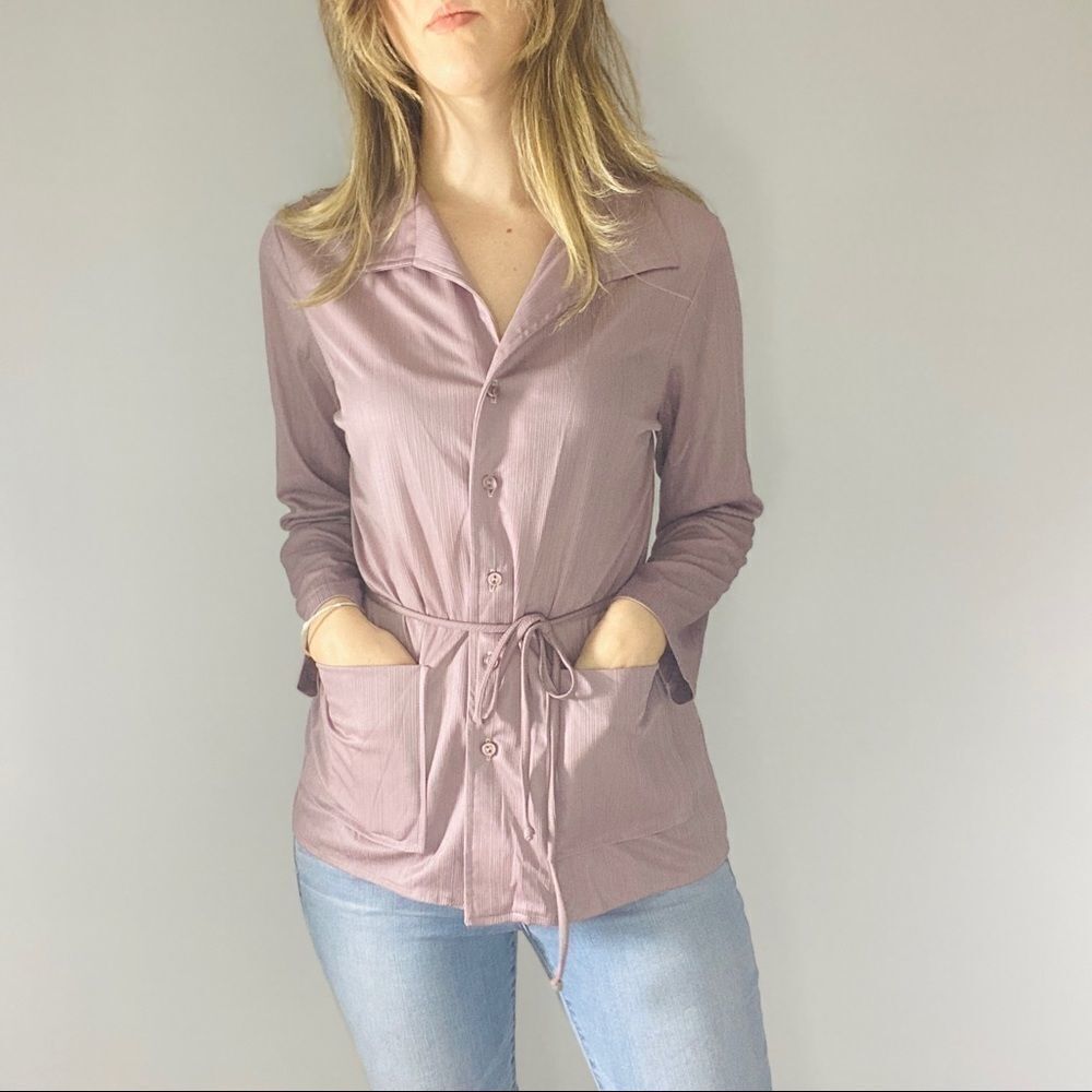 Vintage 70s Mauve Button Down Long Sleeve Top Tie Waist. Casual Blush Shirt